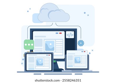 Cloud based web hosting concept, Website hosted on cloud server, Backup file upload technology on cloud server storage. Cloud hosting for websites and applications, Flat vector illustration.