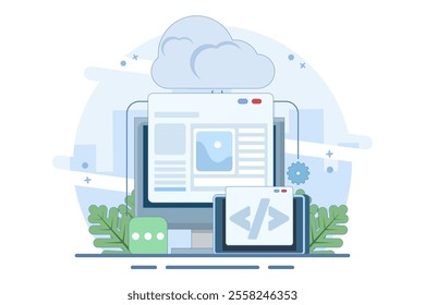 Cloud based web hosting concept, Website hosted on cloud server, Backup file upload technology on cloud server storage. Cloud hosting for websites and applications, Flat vector illustration.