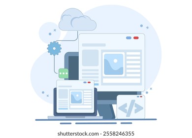 Cloud based web hosting concept, Website hosted on cloud server, Backup file upload technology on cloud server storage. Cloud hosting for websites and applications, Flat vector illustration.