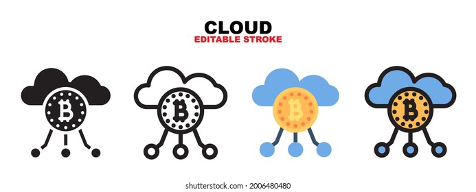 Icono de bitcoin en la nube con colección de criptodivisa. Los iconos están diseñados en color completo, contorno, plano, glifos y líneas. trazos y píxeles perfectamente modificables. Funciona para web, móvil, ui y más.
