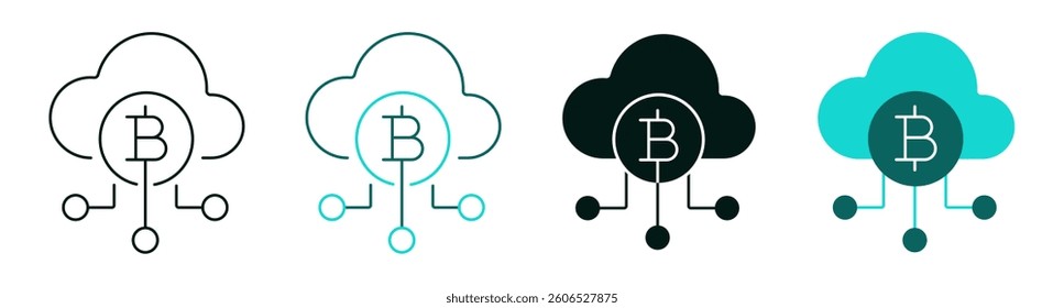 Cloud Bitcoin Network line icon set. Cryptocurrency, Blockchain, Technology, Data or Crypto concept. Coin symbol with circuit for web or app. Digital money outline logo. Editable vector stroke.