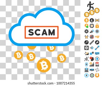 Cloud Bitcoin Scam icon with bonus bitcoin mining and blockchain clip art. Vector illustration style is flat iconic symbols. Designed for cryptocurrency ui toolbars.