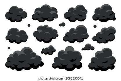 Cloud black flat set. Cartoon mainly cloudy weather symbol game app widget web interface. Smoke soot pollution exhaust fumes element overcast sky 2D. Element for postcard book shape isolated on white - Shutterstock ID 2092553041