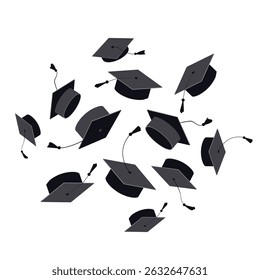 Cloud of black graduation caps with tassels floating in the air on a white background. Graduation ceremony design element. Vector illustration.