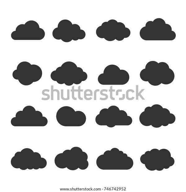 雲の黒いアイコンセット 安全で安全で拡張性の高いデータ保護 クラウドストレージとインターネット上での共有白い背景にベクターフラットスタイルの漫画イラスト のベクター画像素材 ロイヤリティフリー