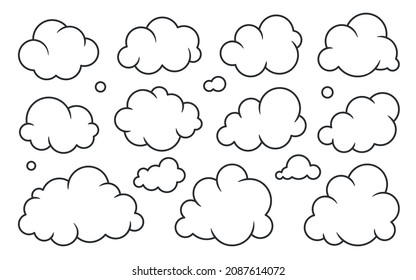 Cloud black line set. Climate weather cloudy icon. Blank form web storage meteorology database. Cartoon sign simple news dialogue banner. Fill sticker image software thin stroke isolated on white