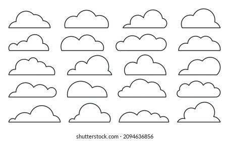 Conjunto de líneas negras en la nube. Icono nublado del clima climático. Base de datos meteorológica de almacenamiento web en blanco. Cartel de un diálogo de noticias simple. Rellenar el software de imagen pegatina trazo delgado aislado en blanco