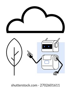Wolke mit schwarzem Umriss Roboter Figur zeigen, Blatt-Symbol. Ideal für Technologie, KI, Cloud Computing, Robotik, Umweltschutz, Nachhaltigkeit, Innovationsthemen. Linienmetapher