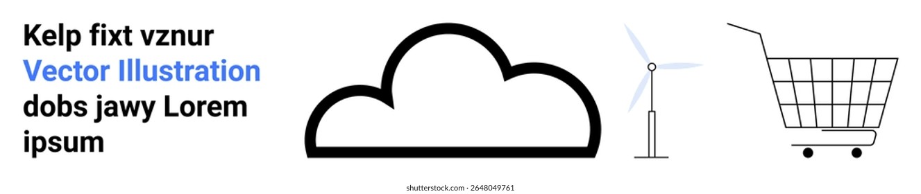 Nube en contorno negro, turbina eólica y Carrito de compras en estilo minimalista. Ideal para sostenibilidad, tecnología, ecommerce, innovación, energía limpia, soluciones de negocio, estrategias de marketing