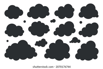 Cloud black silhouette set. Stamp smoke weather symbol game app widget website interface. Meteorology wallpaper splash element cloudless. Blank form nodding shape postcard book advertising isolated