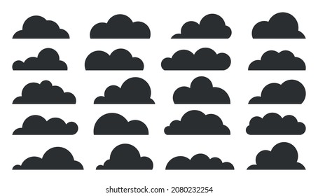 Cloud black silhouette set. Stamp smoke weather symbol game app widget website interface. Meteorology wallpaper splash element cloudless. Blank form nodding shape postcard book advertising isolated