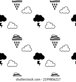 Cloud black and white cartoon so cute.raining lightning and white background.pattern seamless vector and illustration.