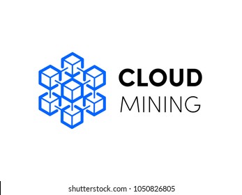 Cloud blockchain cryptocurrency logo for bitcoin or etherium innovation technology. Vector icon of hexagon cloud servers network for cryptocurrency mining or corporation