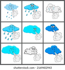 Cloud blowing wind set. Cartoon character. Vector illustration.