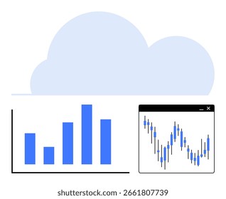 Cloud with blue bar graph and stock market chart. Ideal for data analysis, cloud computing, business, finance, forecasting, technology, and market trends. Line metaphor