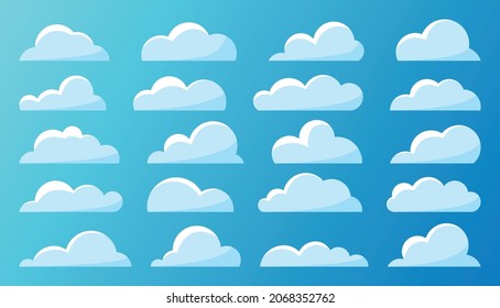 Cloud blue flat set. Cartoon clear weather symbol for game app widget website interface. Meteorology wallpaper splash element cloudless sky 2D. Free nodding shape postcard book advertising isolated