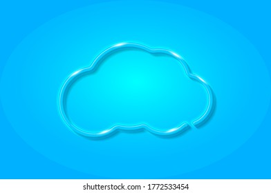 Símbolo 3D brillante azul de nube, plantilla de tarjeta. Ilustración vectorial realista. Fondo azul.