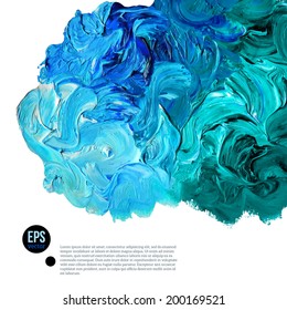 Cloud of blue and green oil paints isolated on white, abstraction composition. Vector design.