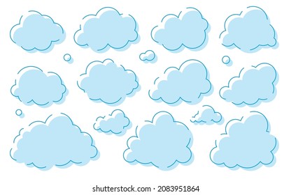 Cloud blue silhouette set. Cartoon clear weather symbol game app widget website interface. Meteorology wallpaper splash element cloudless. Blank form nodding shape postcard book advertising isolated