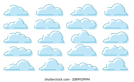 Cloud blue silhouette set. Cartoon clear weather symbol game app widget website interface. Meteorology wallpaper splash element cloudless. Blank form nodding shape postcard book advertising isolated