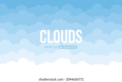 Banner plano de bandera azul cielo en la nube. Caricatura volumétrica con papel tapiz. Sunny claro día infoboard tarjeta simple fondo horizontal moderno. Ilustración de vectores de noticias de invitación meteorológica