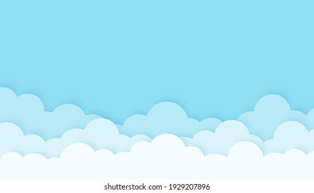 Cloud With The Blue Sky Cartoon Paper Cut Style Background Vector Illustration And Blank Space For Text.