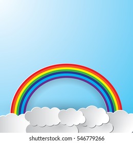Cloud and  blue sky with rainbow, paper art style.