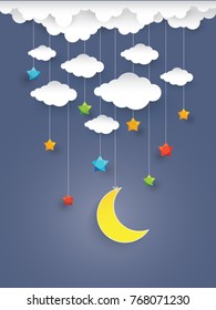 Cloud in Blue sky with Star Paper art Style.vector design element illustration