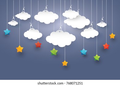 Cloud in Blue sky with Star Paper art Style.vector design element illustration