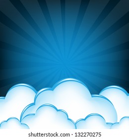 Cloud And Blue Sunburst With Gradient Mesh, Vector Illustration