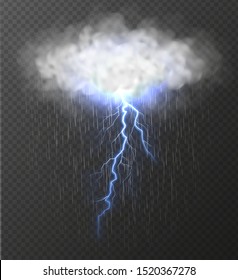 Cloud with blue thunderbolt and rain isolated on transparent background. Realistic thunderstorm and lightning strike vector illustration.