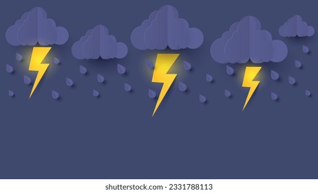 Wolke und Blitz mit Regen auf dunklem Hintergrund. Papierschnitt und handwerkliche Illustration. Rainykonzept