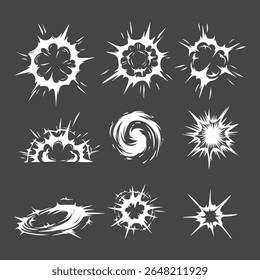 Cloud bomb smoke explossion cartoon illustration vector collection set element, silhouette, clip art, splash editable
