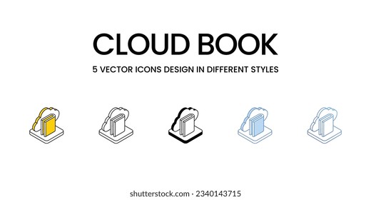 Diseño de iconos de libros en la nube en estilo Cinco con pulsación editable. Línea, Sólido, Línea plana, Color de tono Duo y Línea de degradado de color. Adecuado para diseño de páginas Web, aplicaciones móviles, UI, UX y GUI.