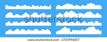 Cloud border. Simple cloudy shapes divider. Flat long section with white puffy cumulus clouds in blue sky. Abstract weather elements banner. Vector cloudscape background.