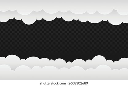 Cloud border vector with top and bottom white clouds on a dark checkered transparent background. Realistic 3D clouds, perfect for sky illustrations, weather elements, or cartoonish cloud frames