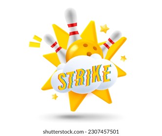 Cloud with bowling skittles and explosion effect. 3d vector illustration. Strike concept