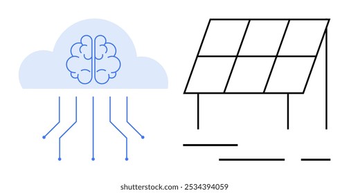 Nuvem com um cérebro e linhas de conexão ao lado de um painel solar. Ideal para energia renovável, tecnologia de IA, redes inteligentes, inovação sustentável e conectividade digital. Estilo moderno minimalista