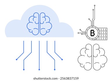 Cloud with brain diagram and connecting lines symbolizing cloud computing. Right side has a blockchain concept with a Bitcoin symbol connected by circuits and a standalone brain icon. Ideal for tech