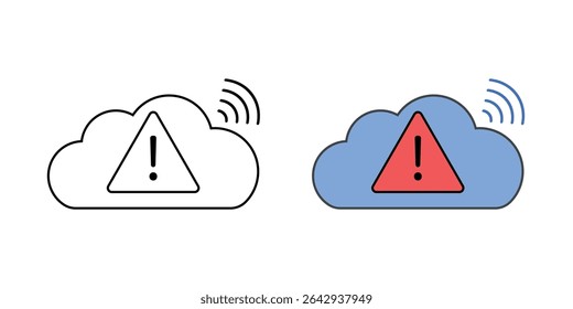 Cloud breach alert icon with a warning triangle, signal lines, and cloud, in outline and color styles, ideal for visualizing security threats, intrusion detection, and cloud incident notifications.