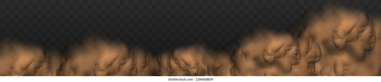 Una nube de polvo marrón y arena con partículas de arena seca voladora y suciedad. Seguimiento en un camino polvoriento o carretera desde un auto. Clubes de humo oscuro. Ilustración realista sobre un fondo transparente.