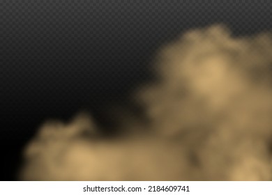 Una nube de polvo marrón y arena con partículas de arena seca voladora y suciedad. Seguimiento en un camino polvoriento o carretera desde un auto. Clubes de humo oscuro. Ilustración realista sobre un fondo transparente.