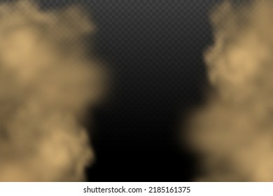 Una nube de polvo marrón y arena con partículas de arena seca voladora y suciedad. Seguimiento en un camino polvoriento o carretera desde un auto. Clubes de humo oscuro. Ilustración realista sobre un fondo transparente.