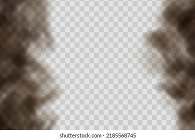 A cloud of brown dust and sand with particles of flying dry sand and dirt.Trace on a dusty road or highway from a car.Clubs of dark smoke.Realistic illustration on a transparent background.