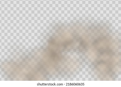 Una nube de polvo marrón y arena con partículas de arena seca voladora y suciedad. Seguimiento en un camino polvoriento o carretera desde un auto. Clubes de humo oscuro. Ilustración realista sobre un fondo transparente.