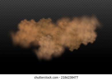 Una nube de polvo marrón y arena con partículas de arena seca voladora y suciedad. Seguimiento en un camino polvoriento o carretera desde un auto. Clubes de humo oscuro. Ilustración realista sobre un fondo transparente.