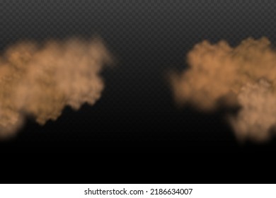A cloud of brown dust and sand with particles of flying dry sand and dirt.Trace on a dusty road or highway from a car.Clubs of dark smoke.Realistic illustration on a transparent background.
