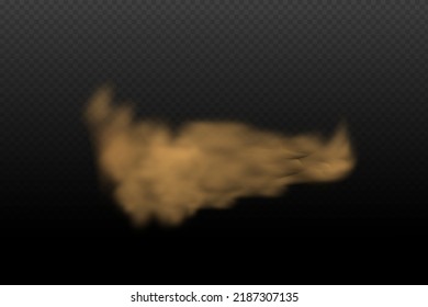 A cloud of brown dust and sand with particles of flying dry sand and dirt.Trace on a dusty road or highway from a car.Clubs of dark smoke.Realistic illustration on a transparent background.