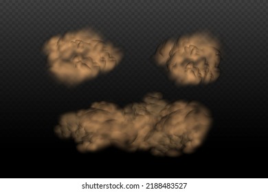 A cloud of brown dust and sand with particles of flying dry sand and dirt.Trace on a dusty road or highway from a car.Clubs of dark smoke.Realistic illustration on a transparent background.