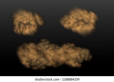 A cloud of brown dust and sand with particles of flying dry sand and dirt.Trace on a dusty road or highway from a car.Clubs of dark smoke.Realistic illustration on a transparent background.
